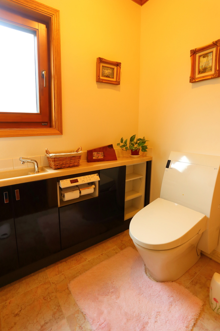 南房総の海の景色と暮らす家の広くて温かなトイレの写真